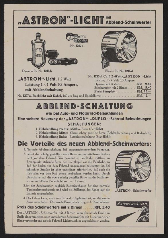 Astron Licht Werbeblatt 1930er Jahre