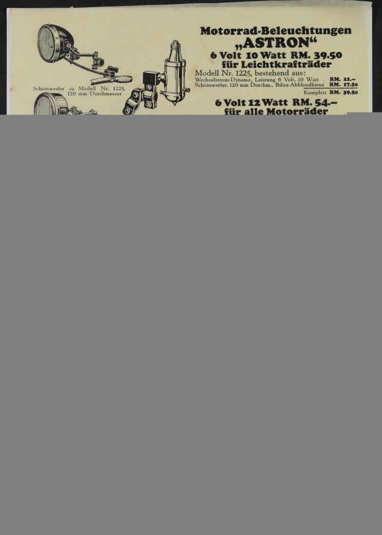 Astron Motorrad und Fahrrad Beleuchtungen Werbeblatt 1930er Jahre