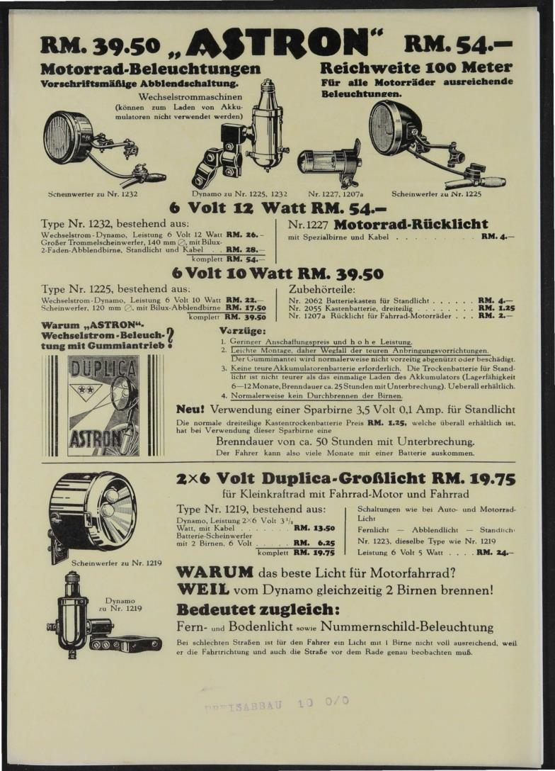 Astron Motorrad-Beleuchtungen Werbeblatt 1930er Jahre