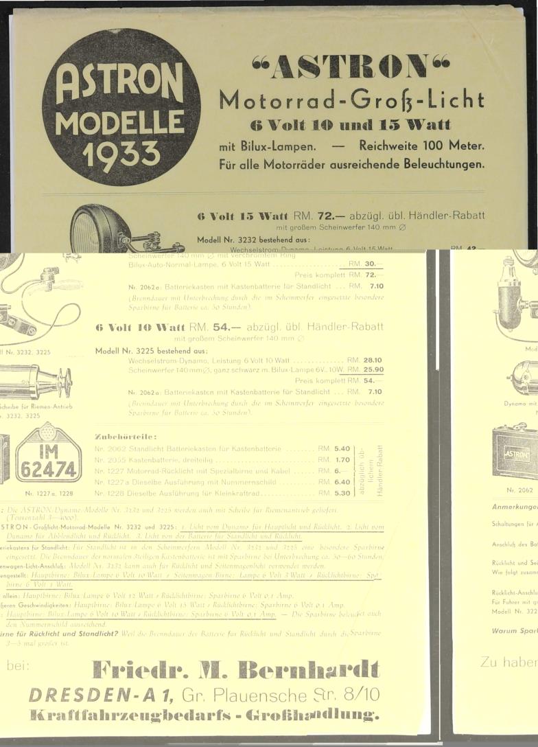 Astron Motorrad-Groß-Licht Modelle 1933 Werbeblatt 1933