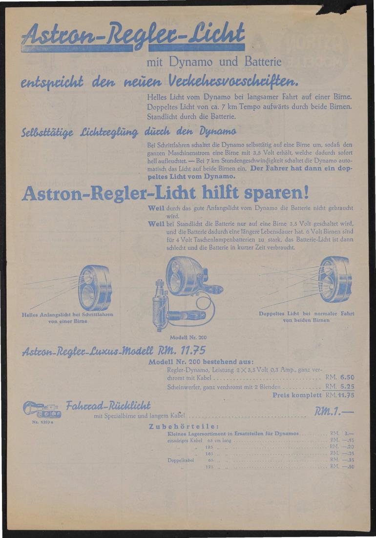 Astron Regler-Licht Werbeblatt 1930er Jahre