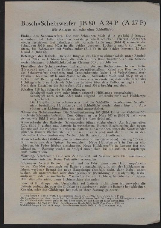 Bosch Scheinwerfer JB 80  A 24 P  (A 27 P) Infoblatt 1939