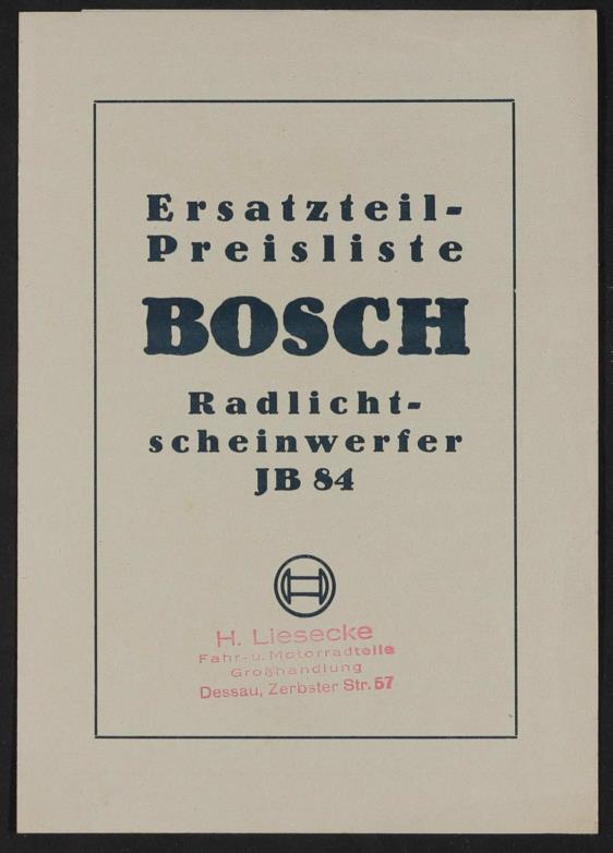 Bosch Scheinwerfer JB 84  Ersatzteil- Preisliste 1934