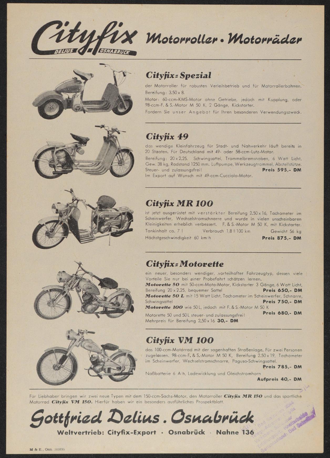 Cityfix Delius Osnabrück Motorroller Motorräder Werbeblatt 50er Jahre