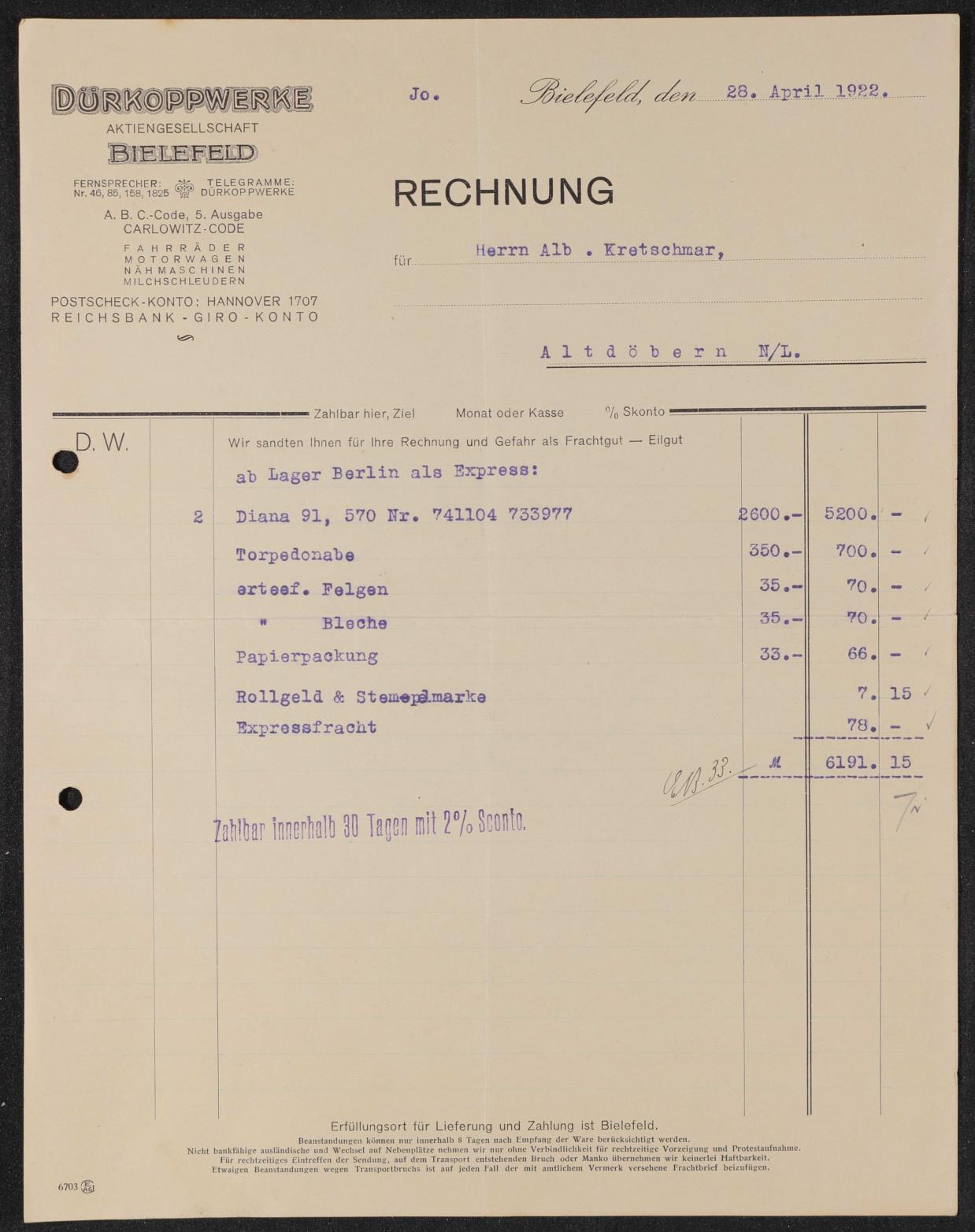 Dürkopp Dürkoppwerke Bielefeld Rechnung 1922