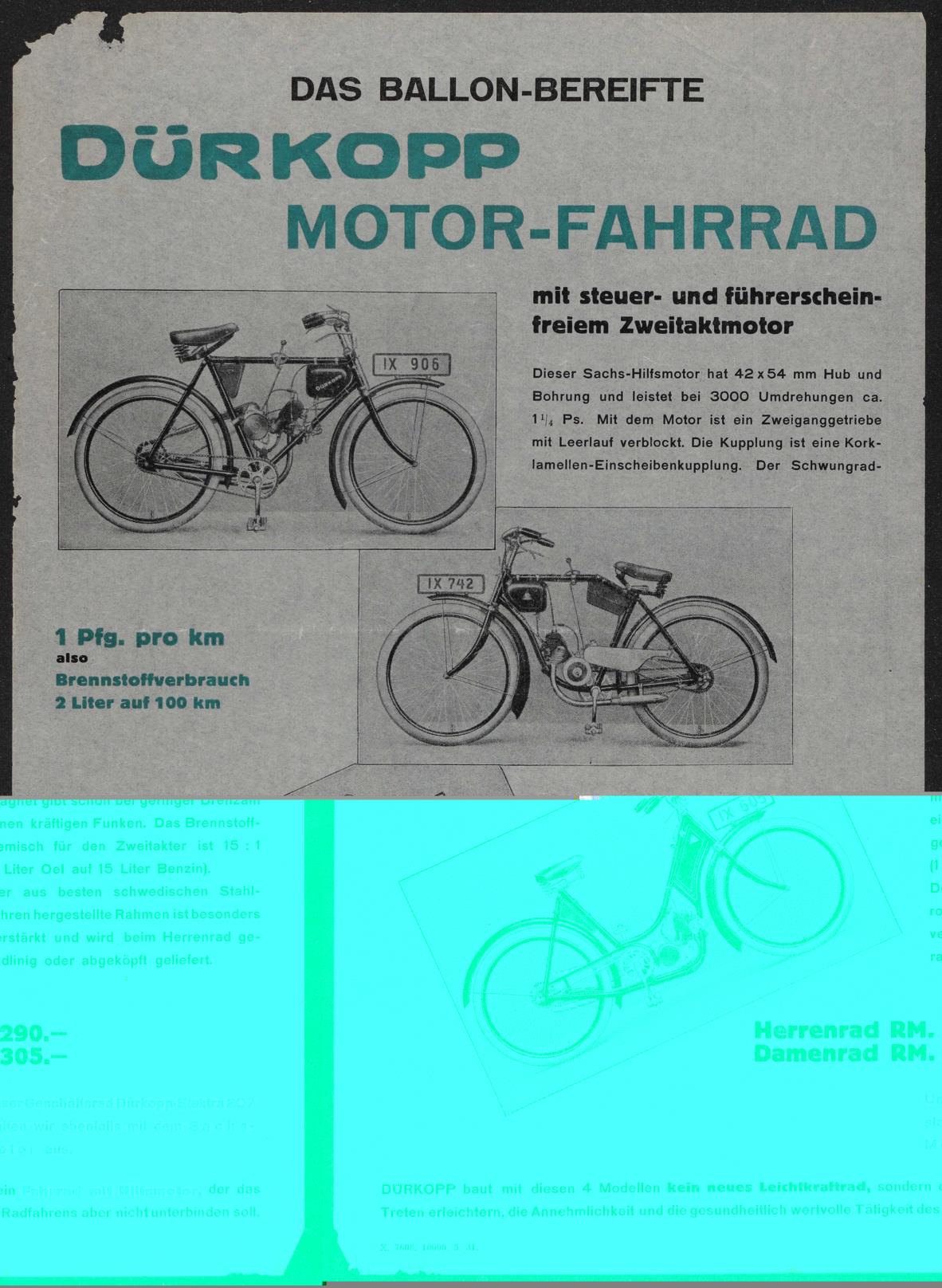 Dürkopp Das ballon-bereifte Motor-Fahrrad Werbeblatt 1931