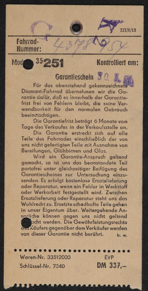 Diamant Modell 35 251 Garantieschein Quittung 1961
