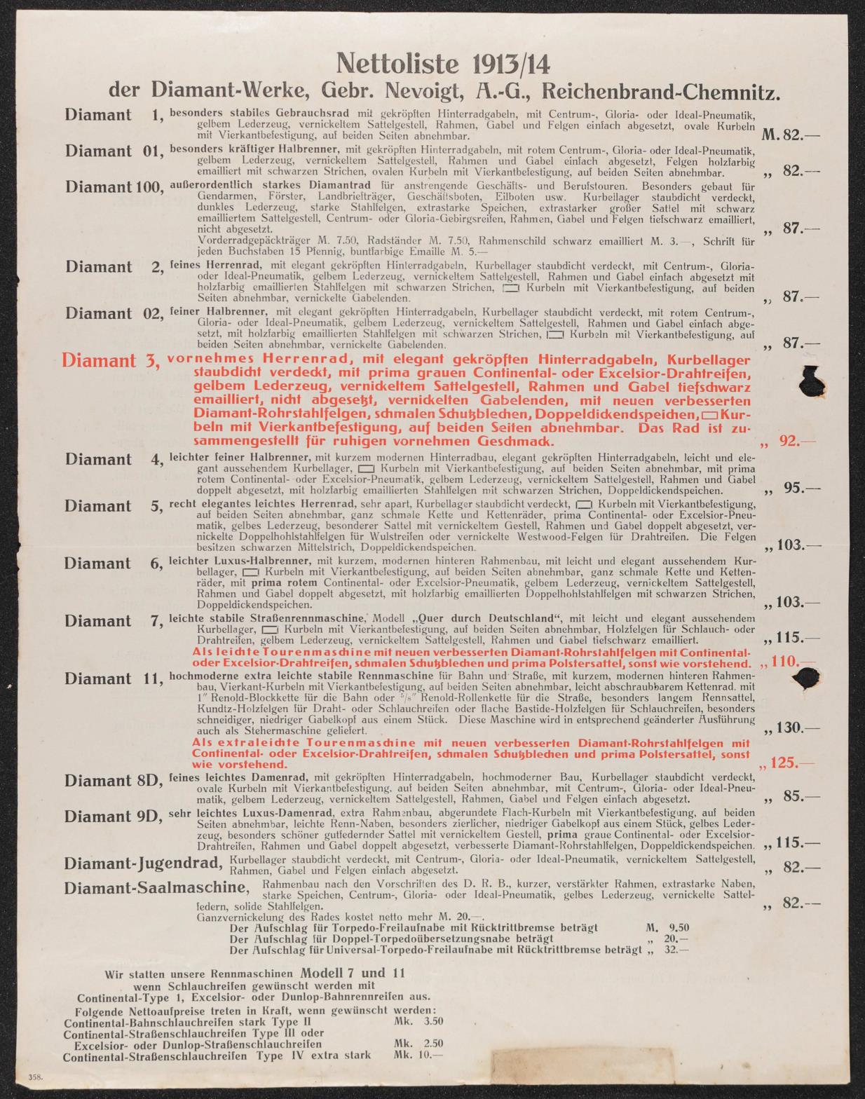Diamant Nettoliste 1913-14 Preisliste 1913