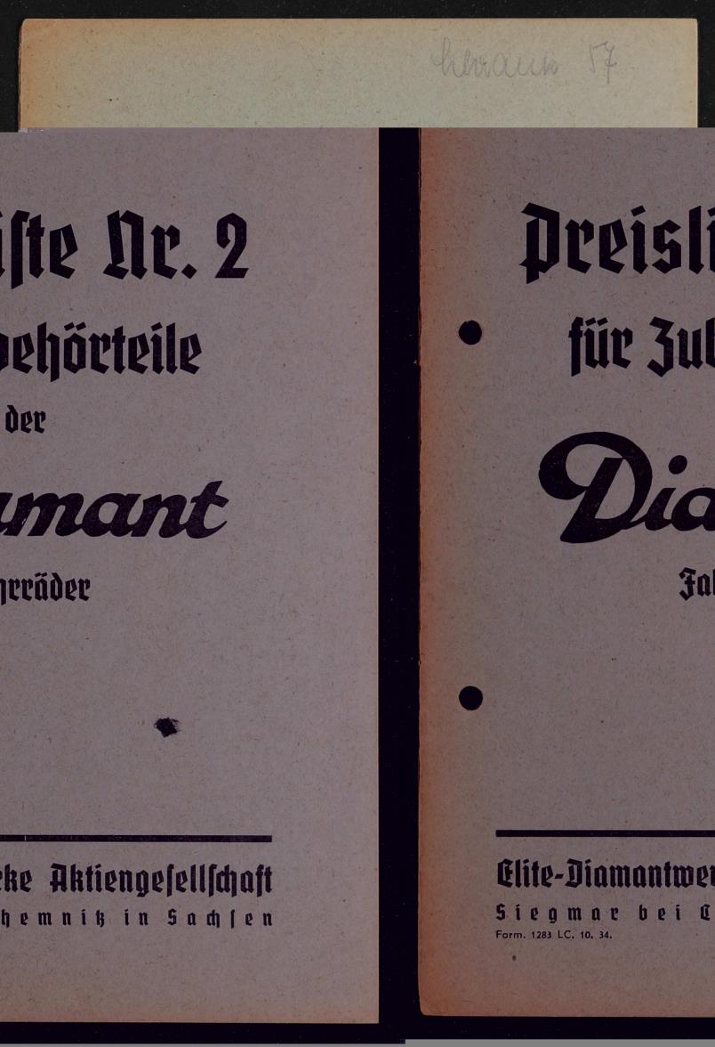 Diamant Preisliste Nr. 2 für Zubehörteile der Diamant Fahrräder Preisliste 1935