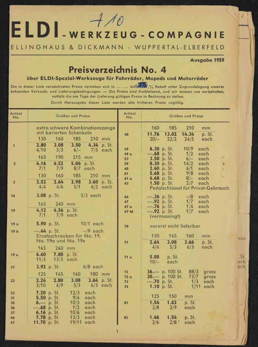 ELDI Spezial-Werkzeuge für Fahrräder, Mopeds, Motorräder Preisliste 1959