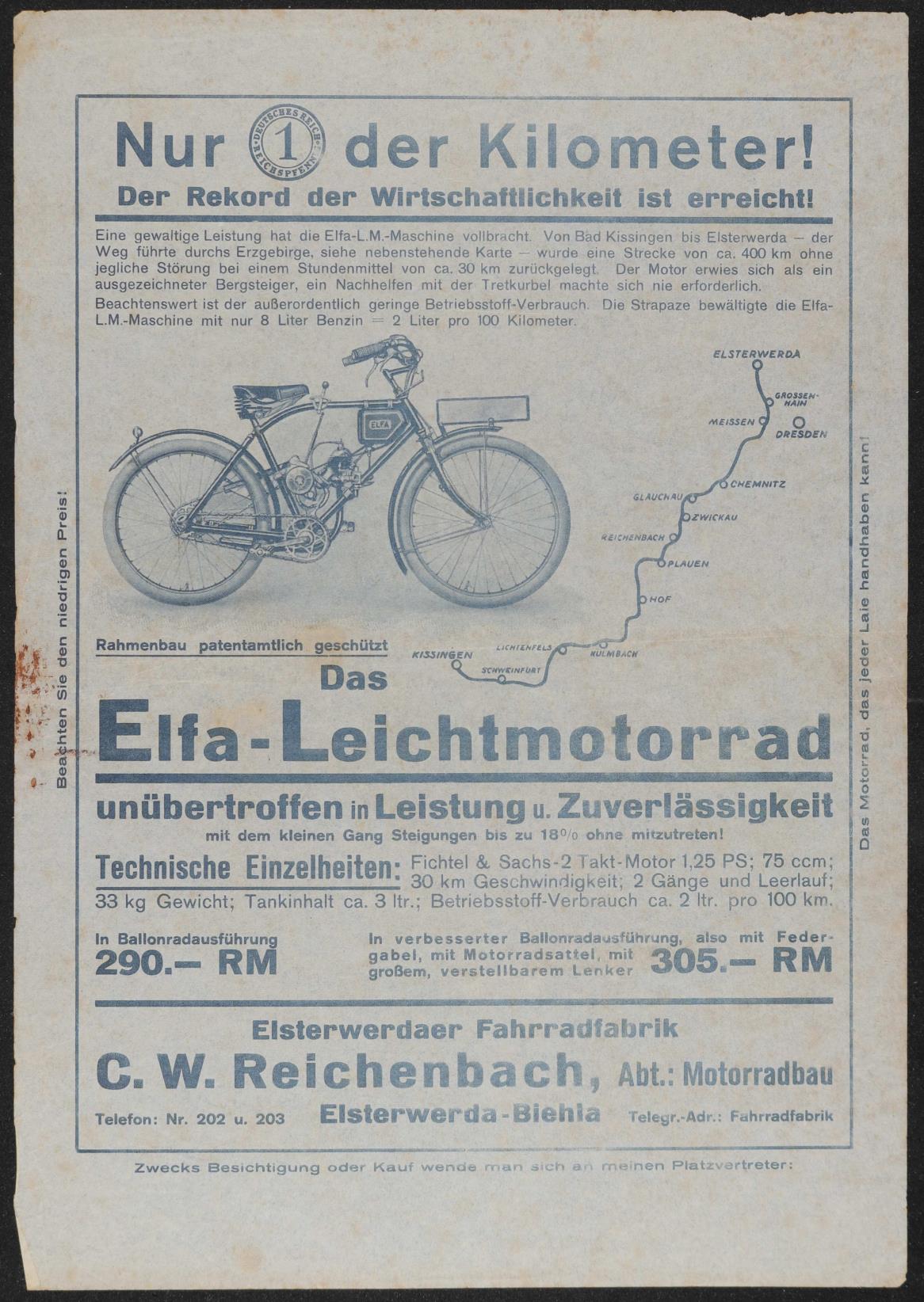 Elfa-Leichtmotorrad Werbeblatt 30er Jahre