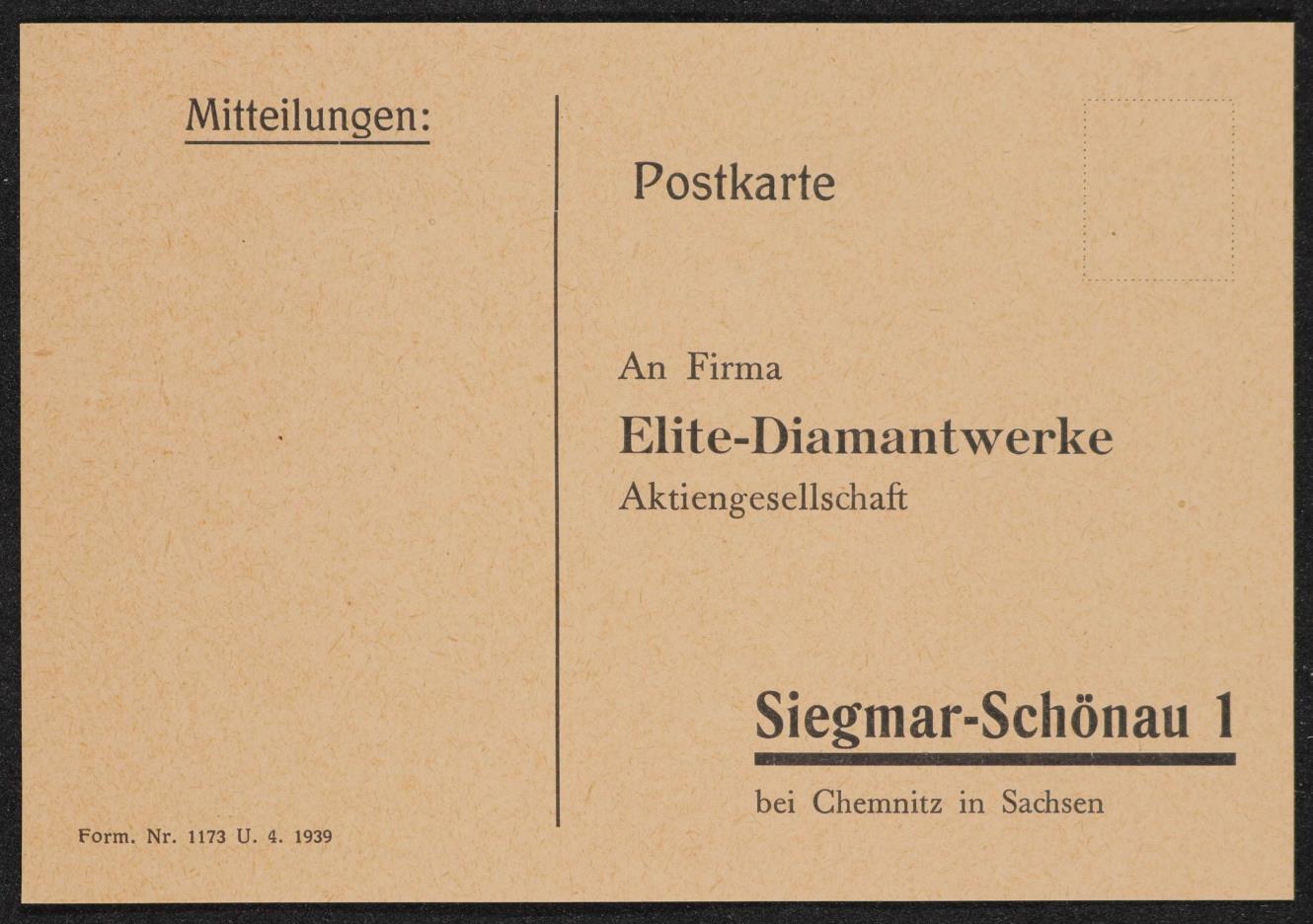 Elite-Diamantwerke Bestellkarte Postkarte 1939