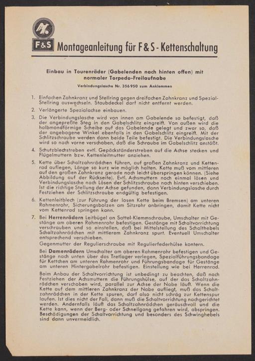 F u. S Kettenschaltung, Montageanleitung 1952