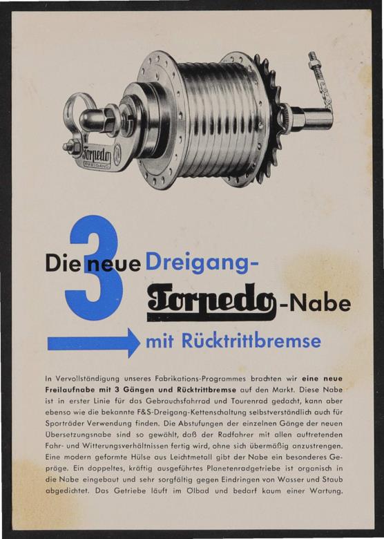 Fichtel u. Sachs 3 Gang Torpedonabe Werbeblatt 1953