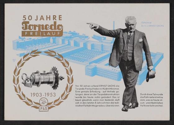 Fichtel u. Sachs 50 Jahre Torpedo Freilauf Werbepostkarte 1953