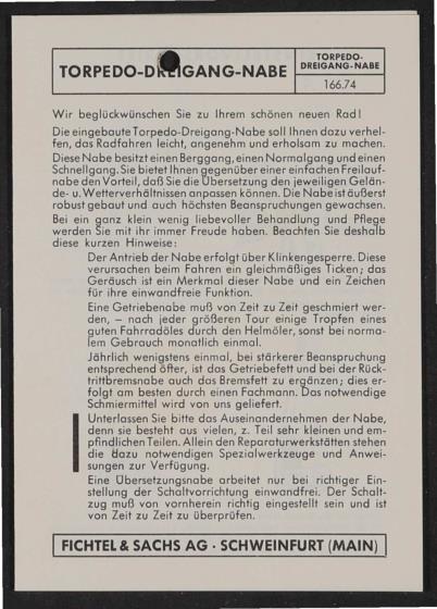 Fichtel u. Sachs Dreigang-Torpedo-Freilauf-Nabe Einstellvorschrift für Schaltzug 1956