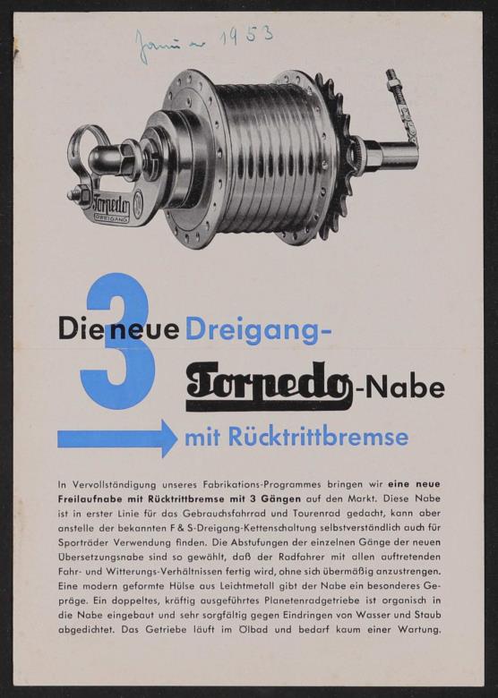 Fichtel u. Sachs Dreigang-Torpedo-Freilauf-Nabe mit Rücktritt Werbeblatt 1953