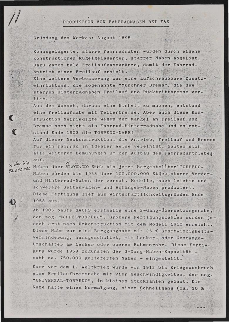 Fichtel u. Sachs Geschichte der Fahrradnaben aufgeschrieben 1974