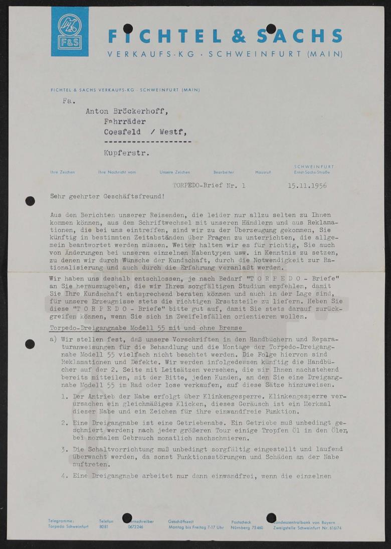 Fichtel u. Sachs Informationsbrief für Händler mit Naben- und Kettenschaltung-Unterlagen 1956