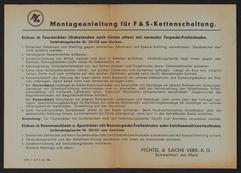 Fichtel u. Sachs Kettenschaltung Montageanleitung Infoblatt 1950