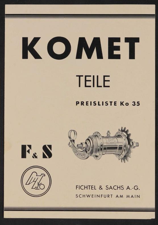 Fichtel u. Sachs Komet Freilauf-Nabe Modell 35, 32 und 24 Teile- und Preisliste 1937