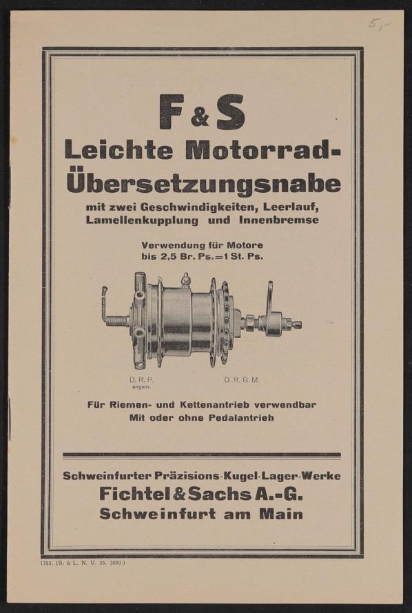 Fichtel u. Sachs Leichte Motorad Übersetzungsnabe Infobroschüre 1925