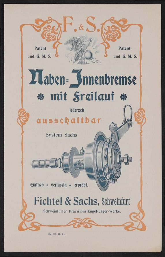 Fichtel u. Sachs Naben-Innenbremse mit Freilauf Werbeblatt 1902