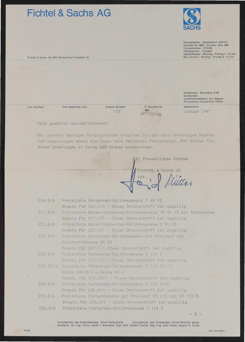 Fichtel u. Sachs Reparatur-Anweisungen und Preislisten für Händler  1967