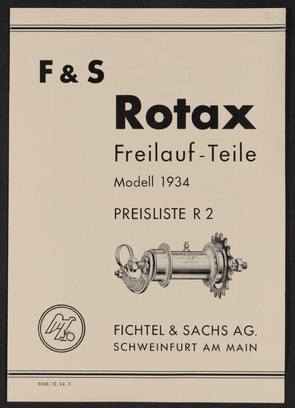 Fichtel u. Sachs Rotax Freilauf-Teile Modell 1934 Preisliste 1934