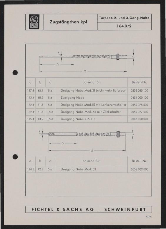 Fichtel u. Sachs Schaltungskette für Torpedo 2- und 3-Gang-Nabe Infoblatt 1962