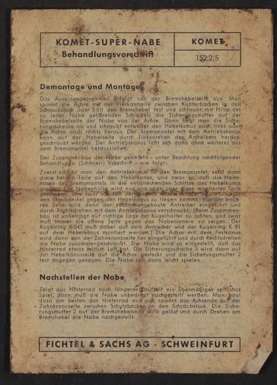 Fichtel u. Sachs Super-Komet Freilauf-Nabe Behandlungsvorschrift 1960