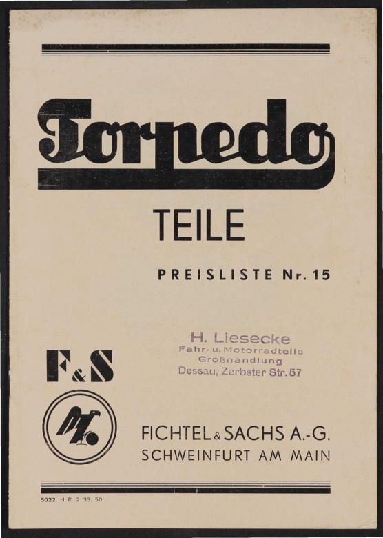 Fichtel u. Sachs Torpedo Teile-Preisliste 1933