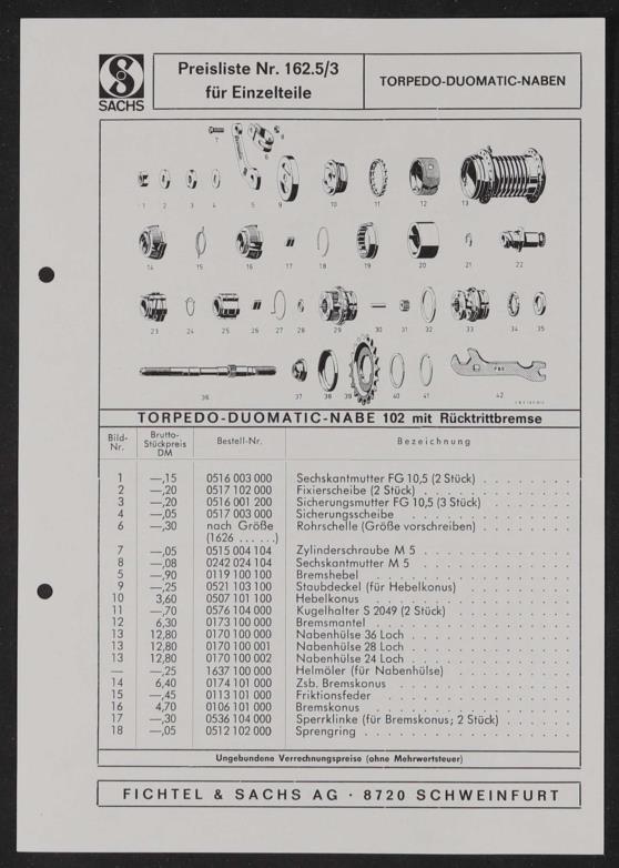 Fichtel u. Sachs Torpedo-Duomatic-Naben Preisliste für Einzelteile 1971
