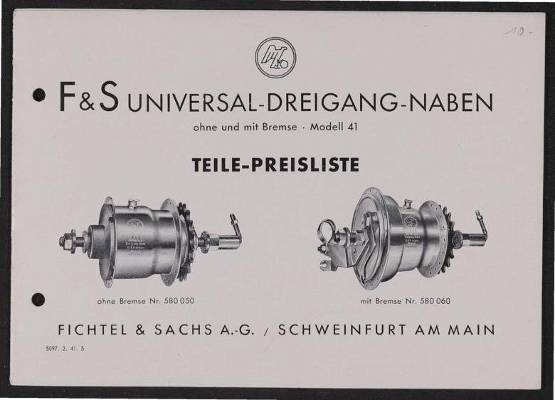 Fichtel u. Sachs Universal-Dreigang-Naben Teile- und Preisliste 1941