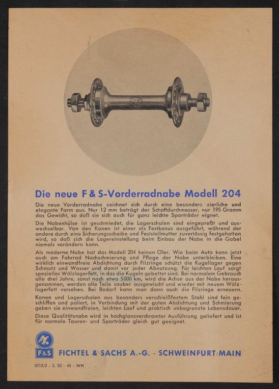 Fichtel u. Sachs Vorderradnabe Modell 204 Werbeblatt 1953