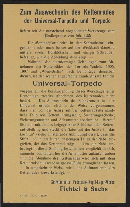 Fichtel u. Sachs Vorrichtung zum Wechsel des Ritzels  mit Anweisung 1912
