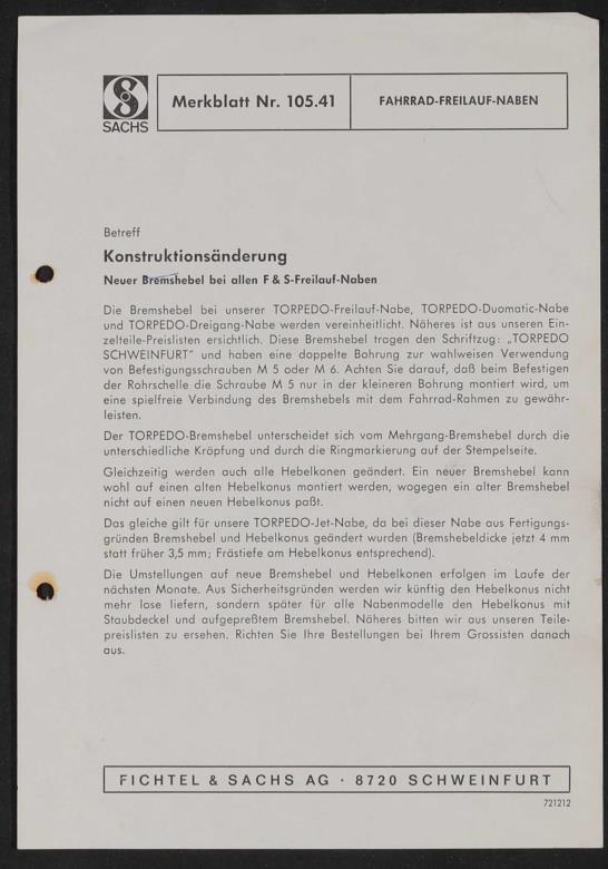 Fichtel und Sachs Fahrrad-Freilauf-Naben Merkblatt 1972
