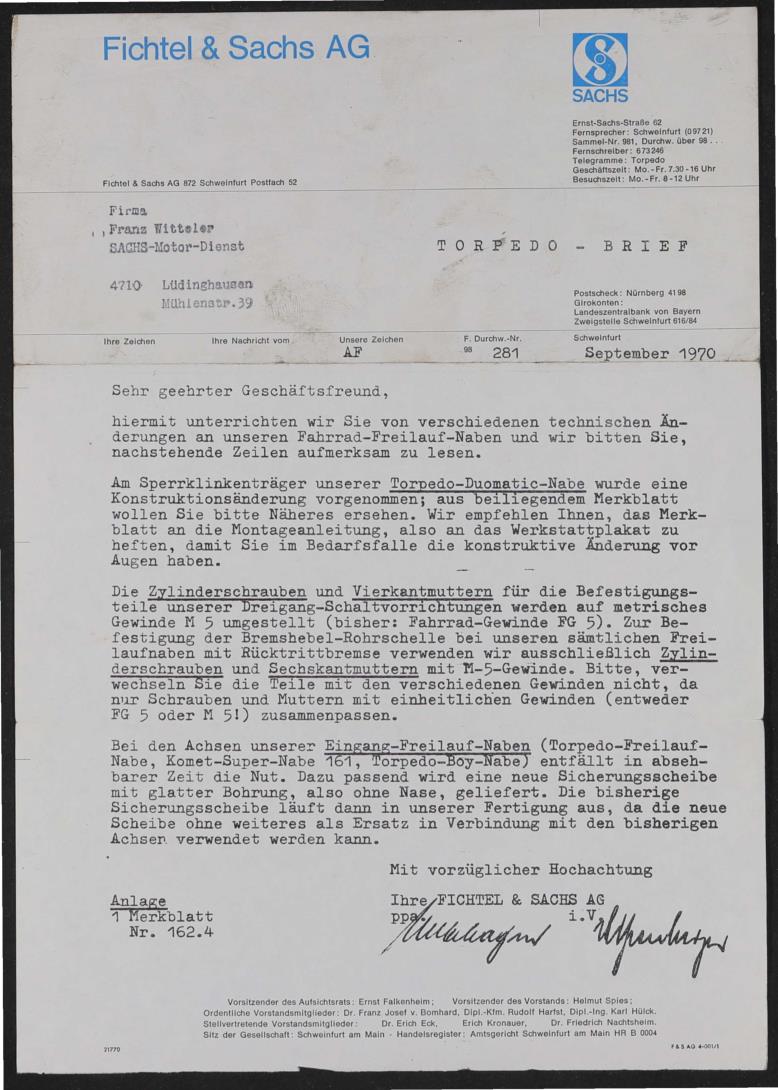 Fichtel und Sachs Händlerschreiben zu Konstruktionsänderung Duomatic-Naben 101 u. 102  1970