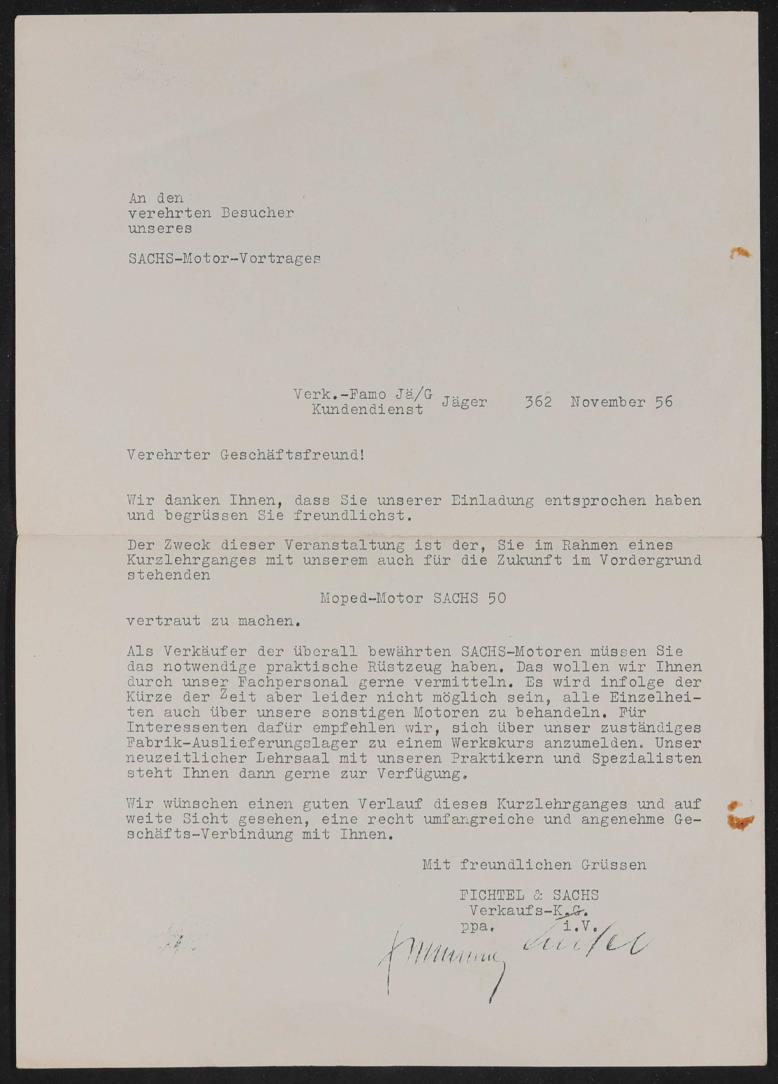 Fichtel und Sachs Händlerschreiben zu Lehrgang Moped Motor Sachs 50 1956