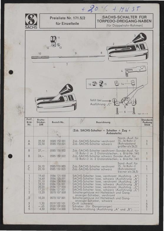 Fichtel und Sachs Schalter für Torpedo-Dreigang-Naben Teile- und Preisliste 1972