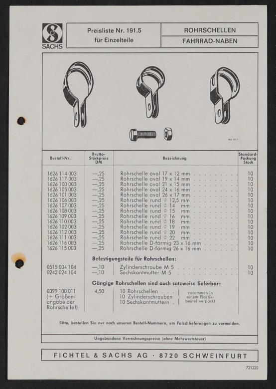 Fichtel und Sachs Schellen f. Bremshebel Ersatzteile- u. Preisliste 1972