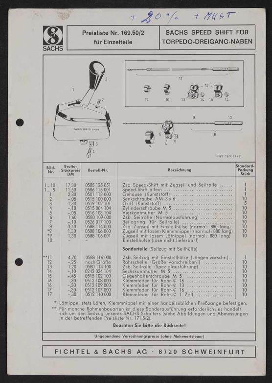 Fichtel und Sachs Speed Shift für Torpedo-Dreigang-Naben Teile- und Preisliste 1972
