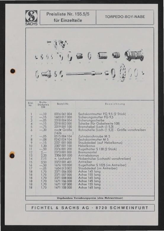 Fichtel und Sachs Torpedo Boy Nabe Ersatzteile- u. Preisliste 1971