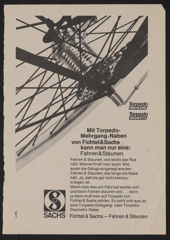 Fichtel und Sachs Torpedo Dreigang Torpedo Duomatic Annonce 1969