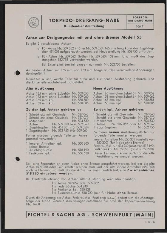 Fichtel und Sachs Torpedo Dreigangnabe ohne Bremse Modell 55 Infoblatt Preis- und Teileliste 1955