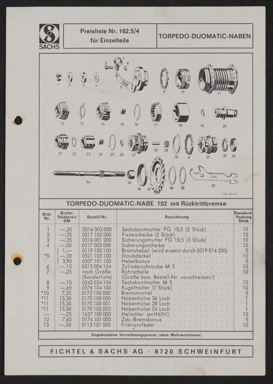 Fichtel und Sachs Torpedo Duomatic Naben Ersatzteile- u. Preisliste 1972