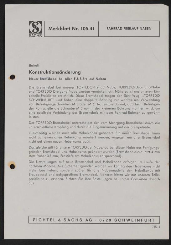 Fichtel und Sachs Torpedo Fahrrad-Freilauf-Naben Merkblatt 19721