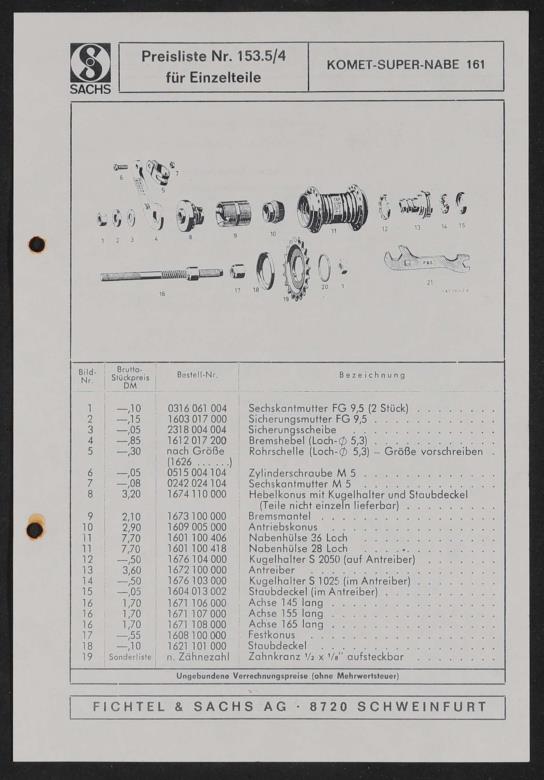 Fichtel und Sachs Torpedo Komet-Super-Nabe 161 Ersatzteile- u. Preisliste 1971
