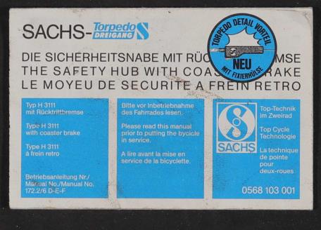 Fichtel und Sachs Torpedo-Dreigang Betriebsanleitung (D, GB, F) 1984