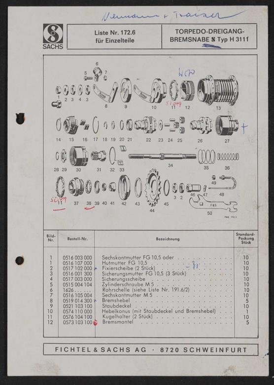 Fichtel und Sachs Torpedo-Dreigang-Bremsnabe S Typ H 3111 Ersatzteile- u. Preisliste 1976
